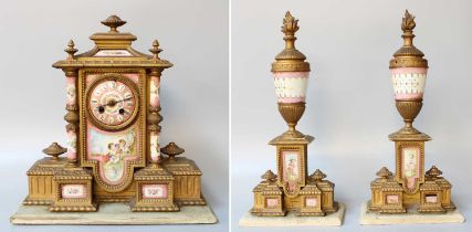 A Gilt Metal Porcelain Mounted Striking Mantel Clock Garniture, circa 1890, (3) Clock case and