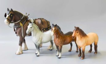 Beswick Horses, comprising: Clydesdale, harnessed model No. 2465, brown matt; Highland Pony ''