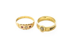 A 15 Carat Gold Ruby and Diamond Three Stone Ring, finger size P; and An 18 Carat Gold Opal and