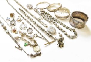 A Quantity of Silver and White Metal Jewellery, including three bangles, a gate link bracelet, a