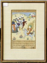 A Framed Persian Manuscript Page, painted in gouache with figures on horseback and a group of