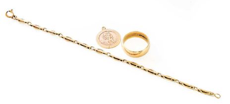 A 9 Carat Gold Band Ring, finger size S; A 9 Carat Gold St Christopher Pendant; and A 9 Carat Gold