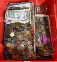 Mixed Lot of British Pre-Decimal and World Currency; comprising a large tin of pre-decimal