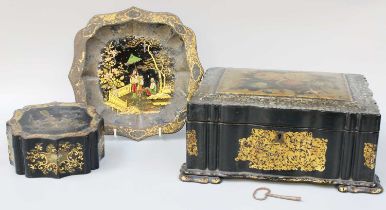 A Toleware Box on Stand; together with a Victorian lacquered papier mache work box with mother of