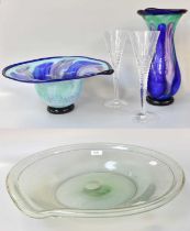 Uredale Studio Glass, by Tim Simon, a large bowl and similar vase, signed, vase 33cm; together