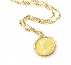 A Victoria Jeweller's Copy Two Pound Coin Pendant on Chain, dated 1887, pendant length 4.2cm,