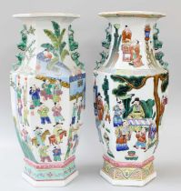 Two Similar Modern Chinese Porelain Vases, Qianlong Style, of hexagonal form, with lion dog