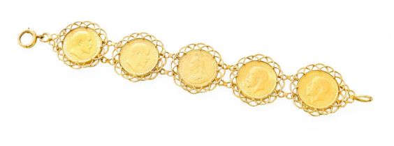 A Sovereign Bracelet, the five full sovereigns dated 1887, 1904, 1905, 1912 and 1913 chain linked in