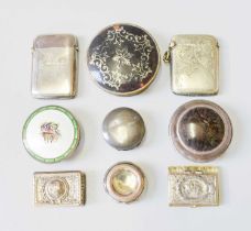 A Collection of Assorted Silver and Other Boxes, including a vesta-case, engraved with the Dugdale