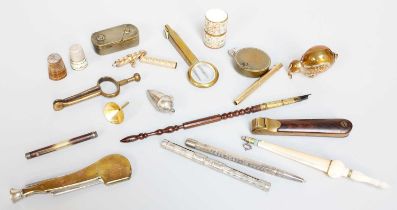Various Collectables, including a smokers knife, gravity lock knife, brass skirt lifter, novelty