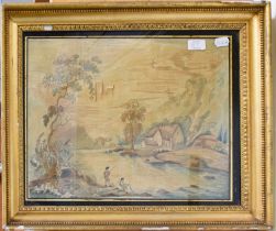 A Silkwork Picture, circa 1800, depicting two men fishing on a river, in verre eglomise frame