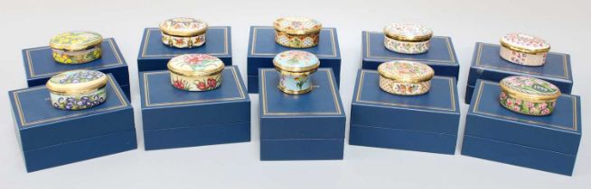 A Collection of Ten Halcyon Days Enamels New Year Trinket Boxes (all boxed)