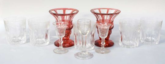 Five Stourbridge Glass Tumblers, 19th century, flat cut, etched to the rim with trailing hops and