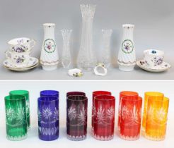 A Harlequin Set of Twelve Coloured High Ball Glasses, with cut decoration; together with other mixed