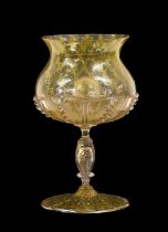 A Façon De Venice Trick Glass, in 17th century style, the thistle-shaped bowl with basal ribs