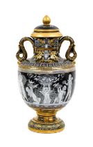 A Porcelain Twin Handled Urn and Cover, 20th century, after a Minton pate sur pate original,