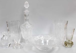 A St Louis Glass Pedestal Decanter and Stopper; together with a Masonic etched glass vase and