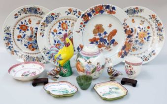 Four Chinese Imari Porcelain Plates, 18th century, a similar ginger jar, coffee cup and saucer, a