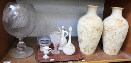 An 18th Century Milk Glass Custard Cup, A Similar Ewer and Stopper, Three Satin Glass Pieces, A Pair