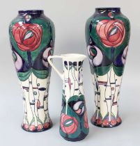 A Pair of Modern Moorcroft Pottery Vases, a tribute to Charles Rennie Mackintosh, by Rachel