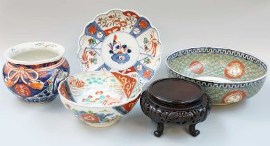 A Japanese Imari Porcelain Bowl, Meiji period; together with a similar bowl, a planter, a fluted