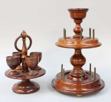 A Victorian Two-Tier Bobbin Stand, 28cm high; together with a similar turned treen egg stand (2)