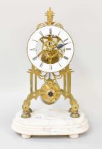 A Brass Single Fusse Skeleton Timepiece, with enamel chaptering and on stepped marble plinth, 41cm