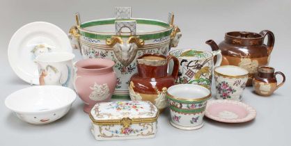 British and European Ceramics, including a Samson planter with ram mask handles, pink Jasperware,