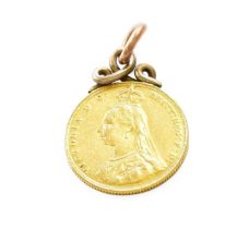 Victoria, Sovereign 1887, (22ct gold coin, total weight including mount 9.27g) mounted as a