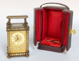 A Brass and Paste Set Carriage Timepiece, circa 1900, single barrel movement, with a cylinder