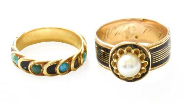 A Turquoise and Enamel Ring, unmarked, finger size L1/2 (a.f.); A Cultured Pearl and Enamel Ring,