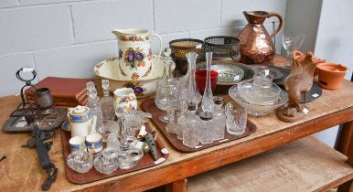 A Mixed Box of Ceramics Glass and Metalware, including a Victorian copper measuring jug, a gin trap,