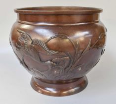 A Japanese Bronze Overlay Jardiniere Meiji period, decorated with geese