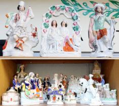 A Collection of Mainly Victorian Staffordshire Pottery Figures, including portrait figures, pastille