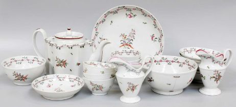 A Newhall Porcelain Part Tea Set, circa 1790, pattern number 191, comprising silver shaped teapot