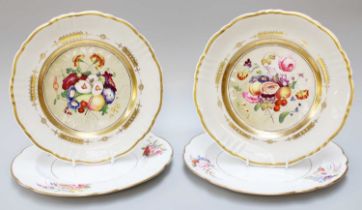 Pair of Spode Porcelain Plates, early 19th century, moulded and painted with flowers, painted marks,