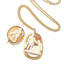 A Cameo Pendant on Chain, the shell cameo carved to depict two figures, in a yellow plain polished