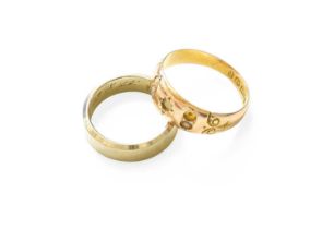 A 15 Carat Gold Split Pearl Ring, finger size N (a.f.); and A Band Ring, stamped '585', finger