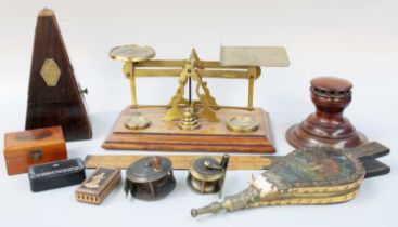 Assorted Collectables, including a set of brass postal scales, a metronome, a Mauchline Ware box ''