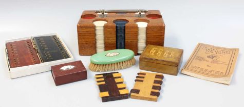 Items Relating to Card Games, including a caddy of gaming counters, Bezique markers, etc (one