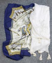 Hermes Silk Scarf 'Petite Venerie' within a blue border, 90cm square, and a cream silk embroidered