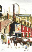 Allan Tortice (b.1949) Rag and Bone cart in an industrial town Signed, oil on canvas board, 40.5cm