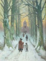 British School (19th Century) Figures walking to church along a snowy lane Oil on panel, together