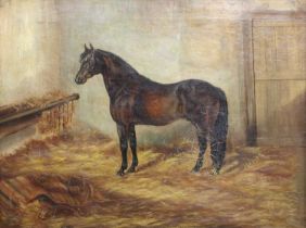 British School (19th Century) Dark bay horse in a stable Indistinctly signed and dated (18)79, oil