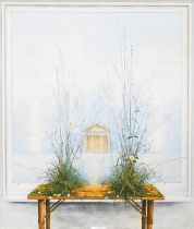 John Ridgewell ARCA (1937-2004) Grasses and Daisies on a table, with a view of a Greek lakeside
