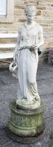 A Cast Composition Garden Staue of Grecian Maiden, rasied on associated Pedestal, 137cm high