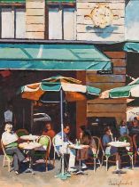 Jeremy Sanders (b.1969) Parisian cafe with figures seated beneath green parasols Signed, oil on