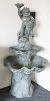 A Baroque Style Cast Metal Figural Fountain, surmounted by two playful puti with a trio of graduated