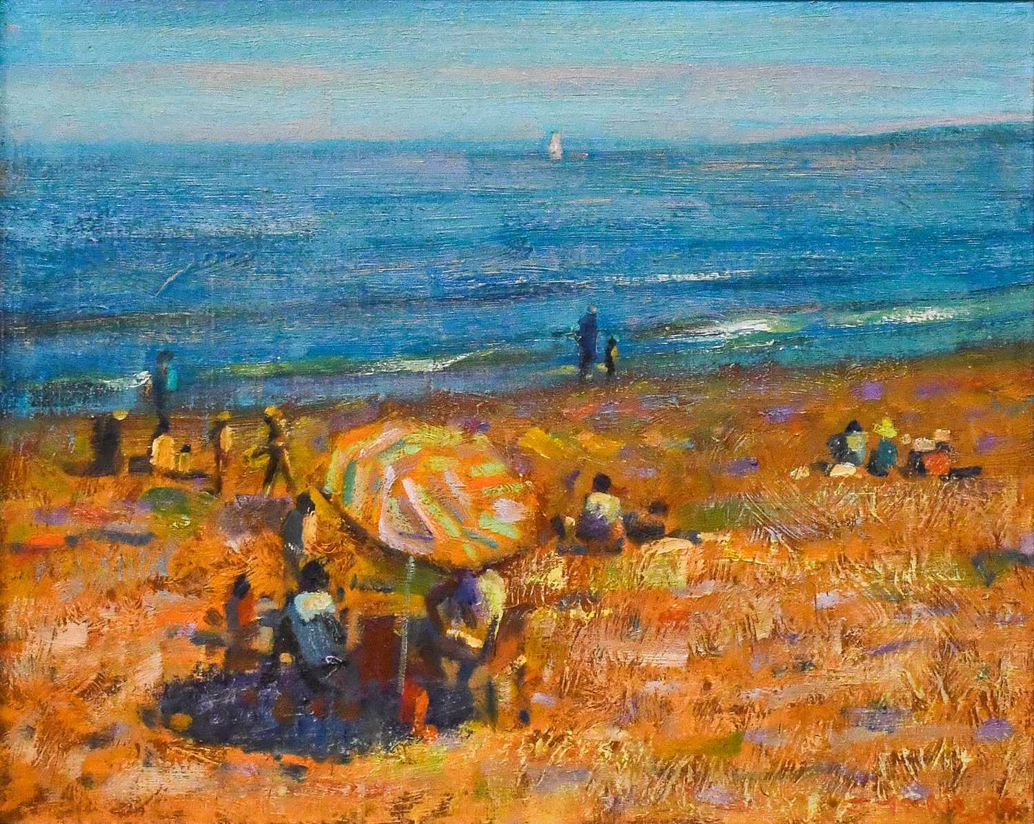 John Mackie (b.1953) "Beach at Sète" Signed and dated (19)92, oil on board, 39cm by 49cm Provenance: