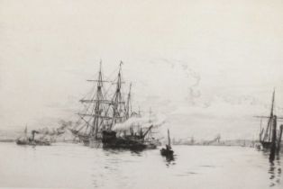 Lt. Col Harold Wyllie (1880-1973) Masted ships in a harbour Signed, etching, 23cm by 28cm